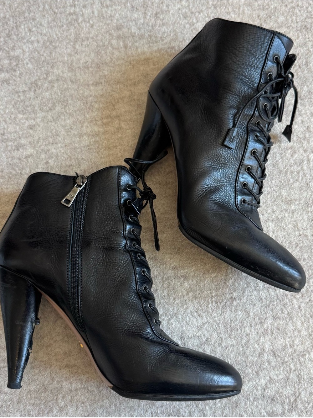 Prada Black Lace-Up Leather High Heel Ankle Boots - Picture 3 of 7